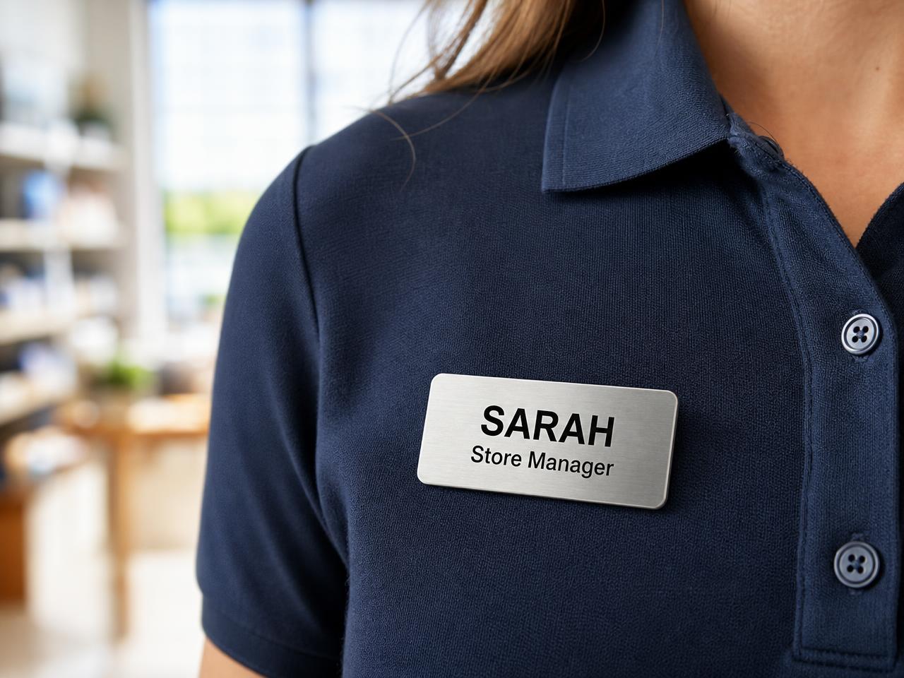 Brushed silver name badge reading Sarah, Store Manager, worn on a navy polo shirt