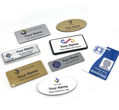 Name badge sample pack containing several badge materials and fastener types
