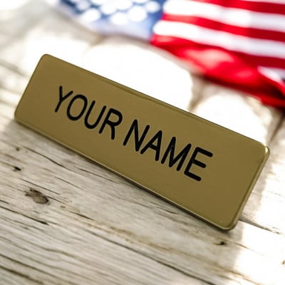 Slim silver engraved metal service name bar for a uniform