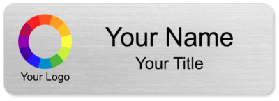 Premium brushed silver name badge printed with a full-color company logo, name and title