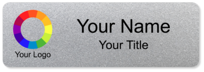 Standard white plastic name badge with full-color logo, name and job title